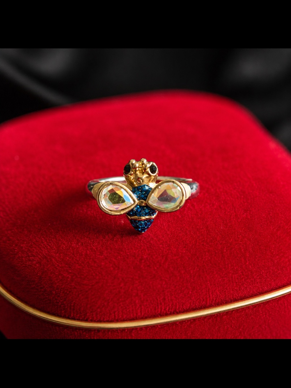Betsey Johnson Bee Ring with Iridescent Wings and Blue Crystal Body